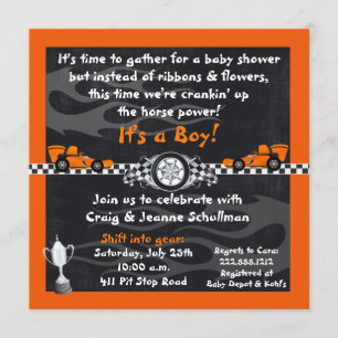 Orange inbjudningar för baby shower för tävlingbil