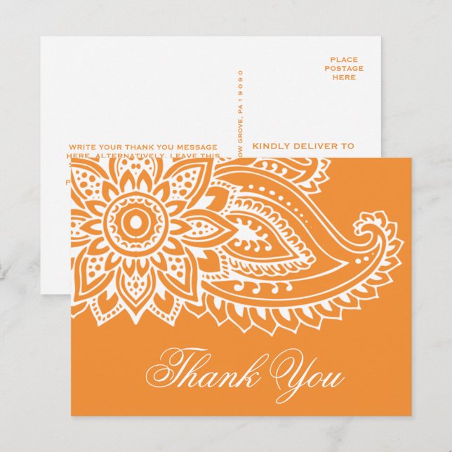 Orange Indian Paisley Tack Vykort (Fram/baksida)