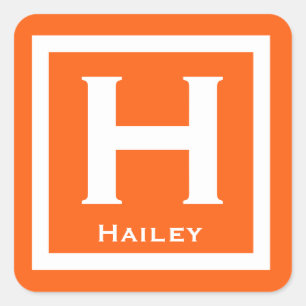 Orange Initial Namn Kids Girl Party Back to school Fyrkantigt Klistermärke