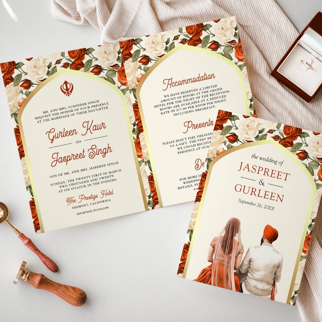 Orange Ivory Blommigt alla på ena Sikh Bröllop Inbjudan (Skapare uppladdad)