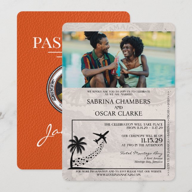 Orange Jamaica Passport Wedding bjudande Inbjudningar (Fram/baksida)