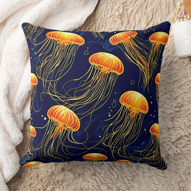 Orange Jellyfish Mönster Art Kudde (Filt)