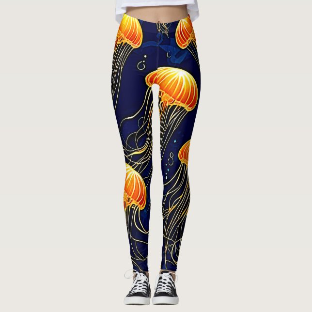 Orange Jellyfish Mönster Art Leggings (Framsida)
