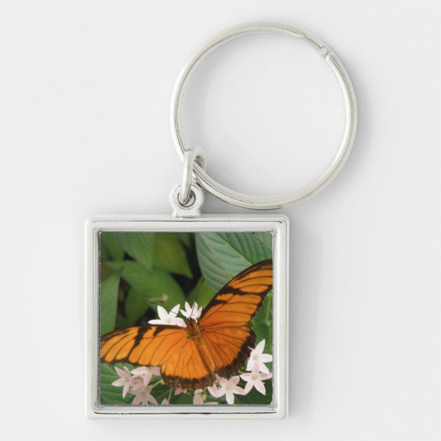 Orange Julia Butterfly Keychain Fyrkantig Silverfärgad Nyckelring (Framsidan)