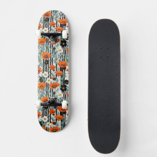 Orange Kalifornien Vallmo Svarta Randiga Blommig Mini Skateboard Bräda 18,5 Cm