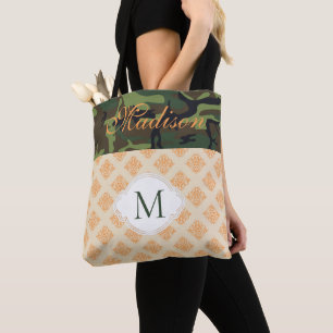 Orange Kamouflage Damask Trendig - första monogram Tygkasse