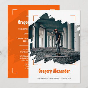 Orange Kantig Abstrakt Penseldrag Foto Examen Inbjudningar