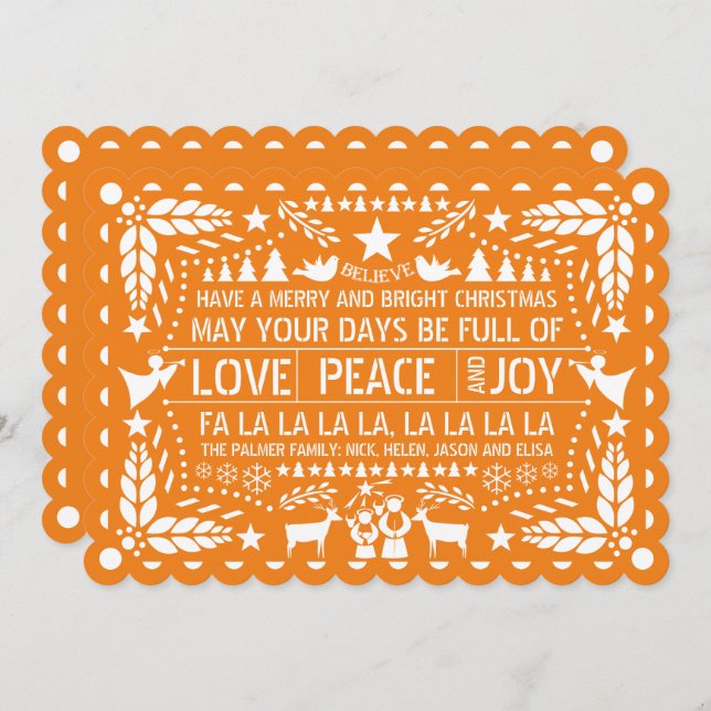 Orange Kärlek Peace Joy papel picado jul Julkort (Fram/baksida)