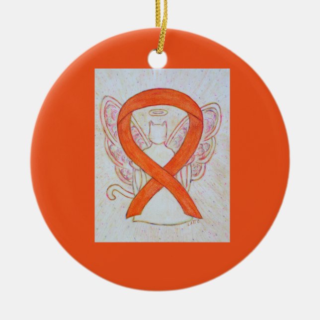 Orange Kat Awareness Ribbon Angel Ornaments Julgransprydnad Keramik (Framsidan)