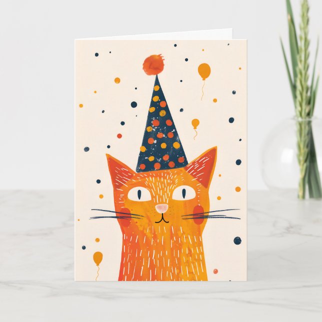 Orange Kat Party Hat Birthday Greeting Card Kort (Framsida)