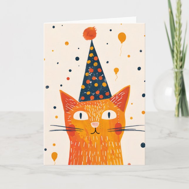 Orange Kat Party Hat Birthday Greeting Card Tack Kort (Framsida)