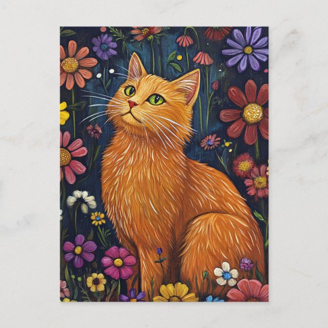 Orange Katt Amid-färgade Blommar Vykort (Framsida)