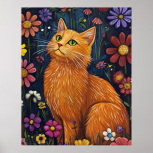 Orange katt bland färgglada blommor poster