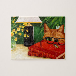 Orange Katt, Bok, Bin och Orchids Pussel
