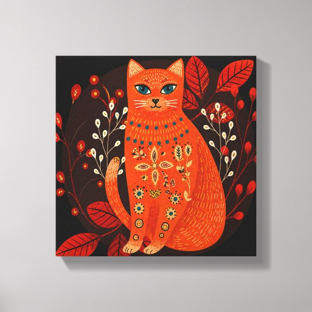 Orange Katt Folklig Konstduktryck Boho Skandinavis Canvastryck (Framsida)