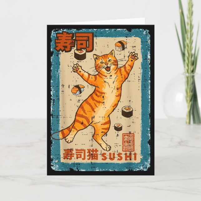 Orange katt hoppar med sushi japansk mat män kvinn kort (Framsida)