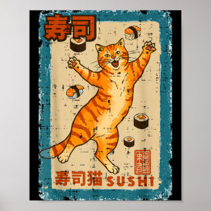 Orange katt hoppar med sushi japansk mat män kvinn poster