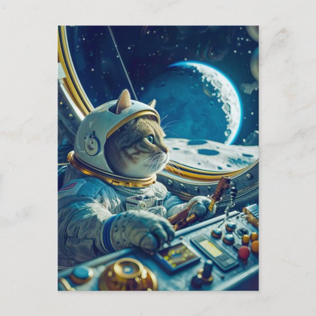 Orange katt i cockpit med planeter utanför helg vykort (Framsida)