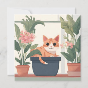 Orange katt i en blomkruka kort