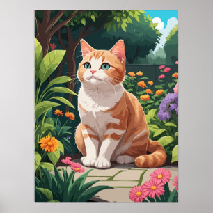 Orange katt i en färgad trädgård poster