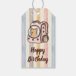 Orange katt i en ryggsäck Vattenfärg Ränder Presentetikett