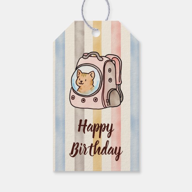 Orange katt i en ryggsäck Vattenfärg Ränder Presentetikett (Baksidan)