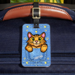 Orange Katt i Faux Denim Pocket med eget namn Bagagebricka