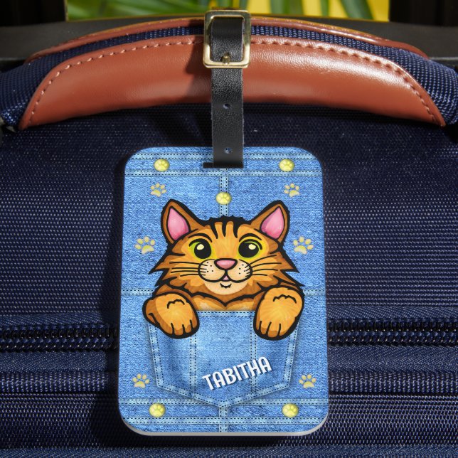 Orange Katt i Faux Denim Pocket med eget namn Bagagebricka (Framsida Insitu 2)