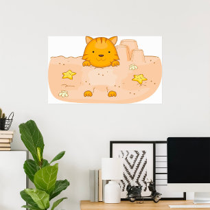 Orange katt i sandslott strand scen poster