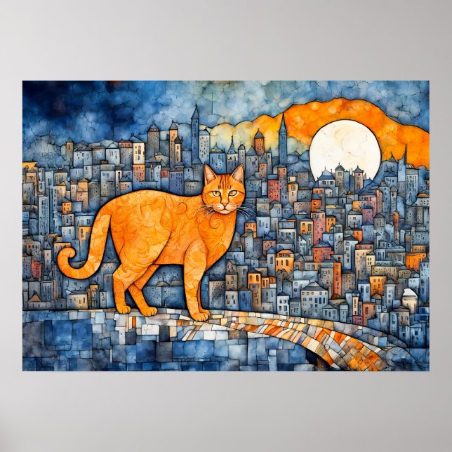Orange Katt i Urban Sunset Watercolor Poster (Framsidan)