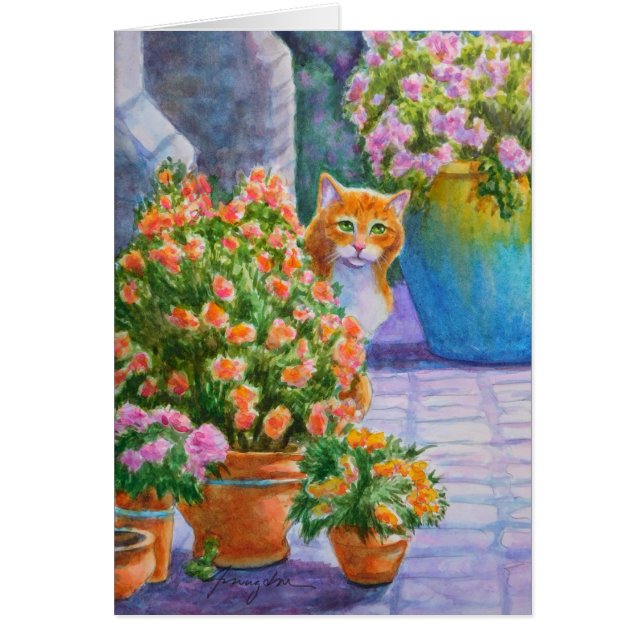 Orange Katt med blomkrukor Hälsningskort (Framsidan)