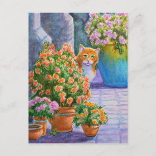Orange katt med blommakrukar vykort