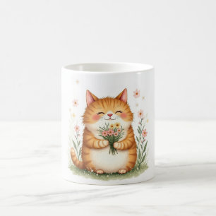 Orange katt med en bukett blommor kaffemugg