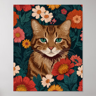 Orange Katt med färgade vilda blommor Poster