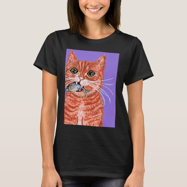 Orange katt med fisk i munnen t shirt (Framsida)