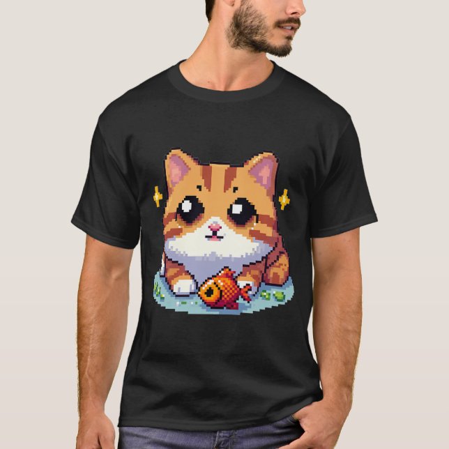 Orange katt med fisk pixelart t shirt (Framsida)