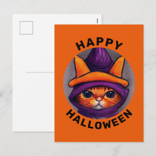 Orange katt med lila häxhatt Gott Halloween Helg Vykort