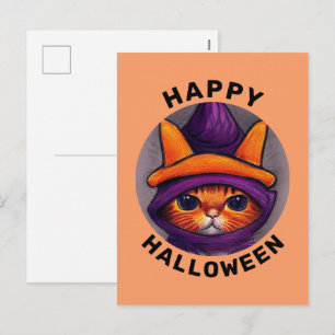 Orange katt med lila häxhatt Gott Halloween Helg Vykort