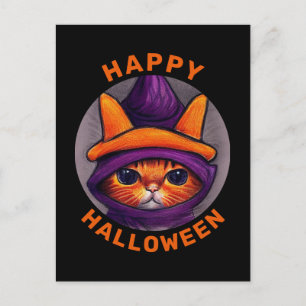 Orange katt med lila häxhatt Gott Halloween Helg Vykort