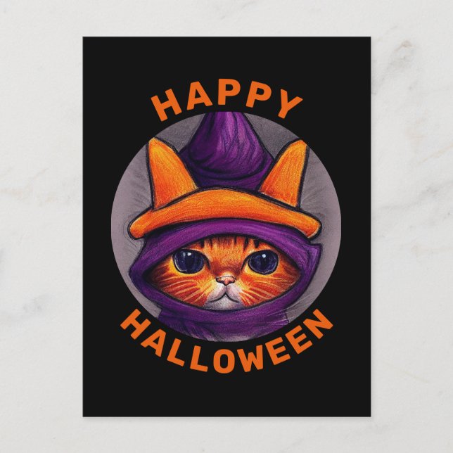 Orange katt med lila häxhatt Gott Halloween  Helg Vykort (Framsida)