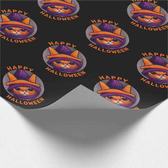 Orange katt med lila häxhatt Gott Halloween Presentpapper (Hörn)