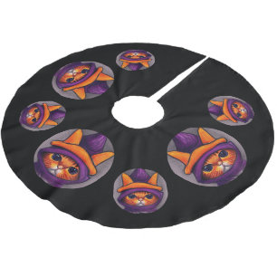 Orange Katt med Lila Witch Hat Halloween Black Julgransmatta Borstad Polyester
