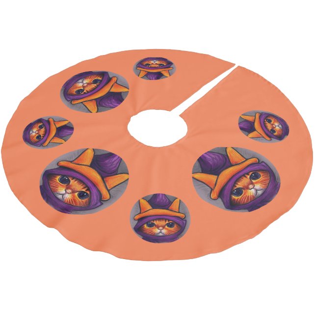 Orange Katt med Lila Witch Hat Halloween Julgransmatta Borstad Polyester (Vinklad)