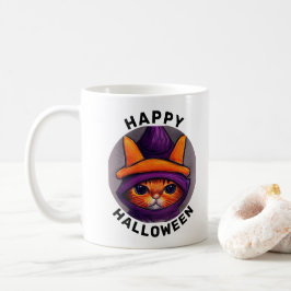 Orange Katt med Lila Witch Hat Halloween Kaffemugg