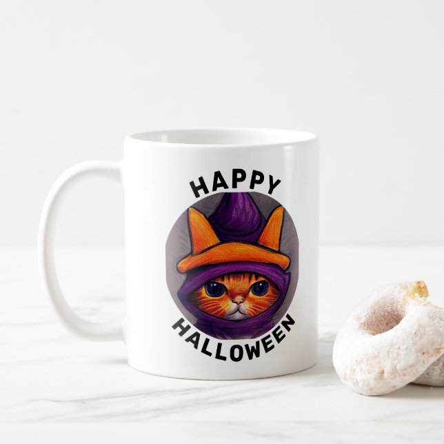 Orange Katt med Lila Witch Hat Halloween Kaffemugg (Med munk)