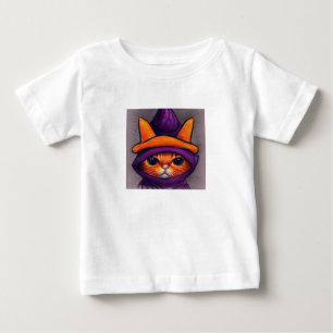 Orange Katt med Lila Witch Hat Halloween T Shirt