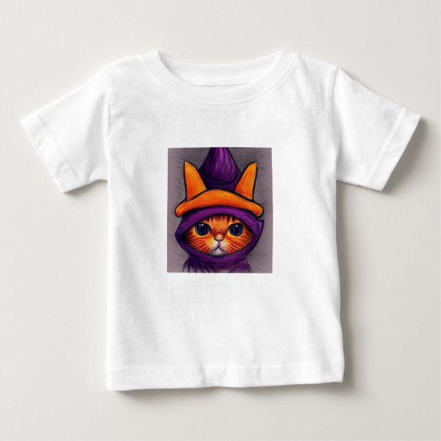 Orange Katt med Lila Witch Hat Halloween T Shirt (Framsida)