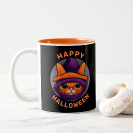 Orange Katt med Lila Witch Hat Halloween Två-Tonad Mugg