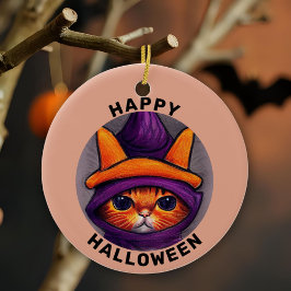 Orange Katt med Lila Witch Hat Happy halloween Julgransprydnad Keramik