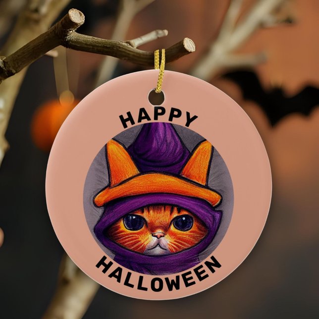 Orange Katt med Lila Witch Hat Happy halloween Julgransprydnad Keramik (Skapare uppladdad)